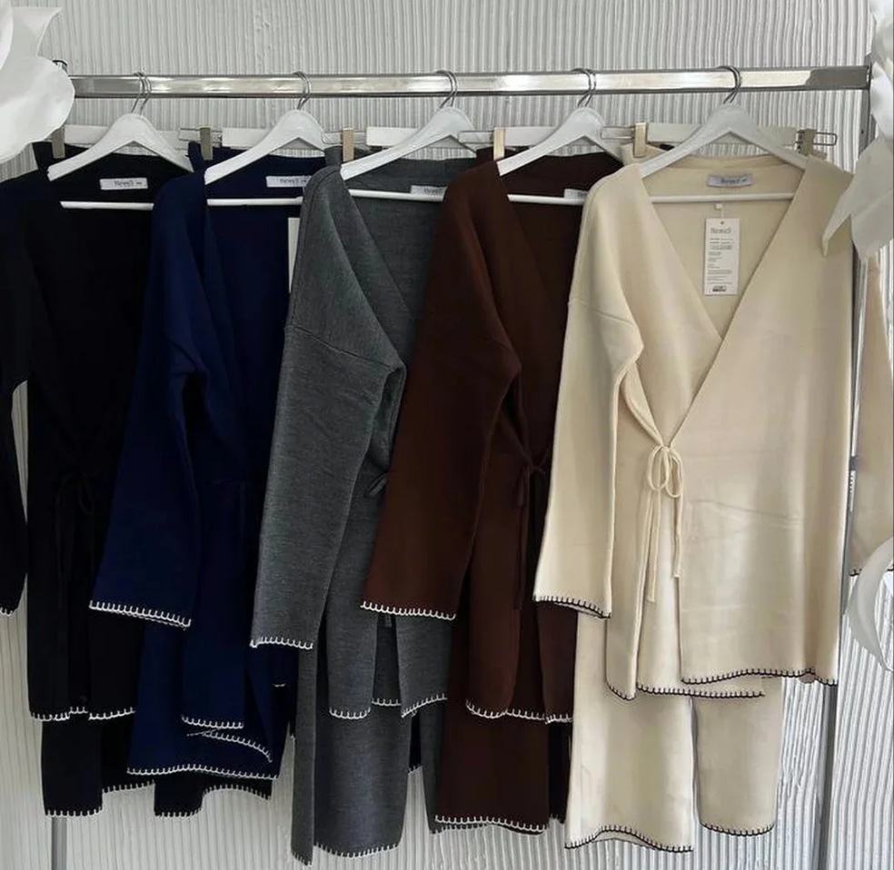 Damen Zweiteiler, Strick Oberteil/Hose Set mit Seitenbindung