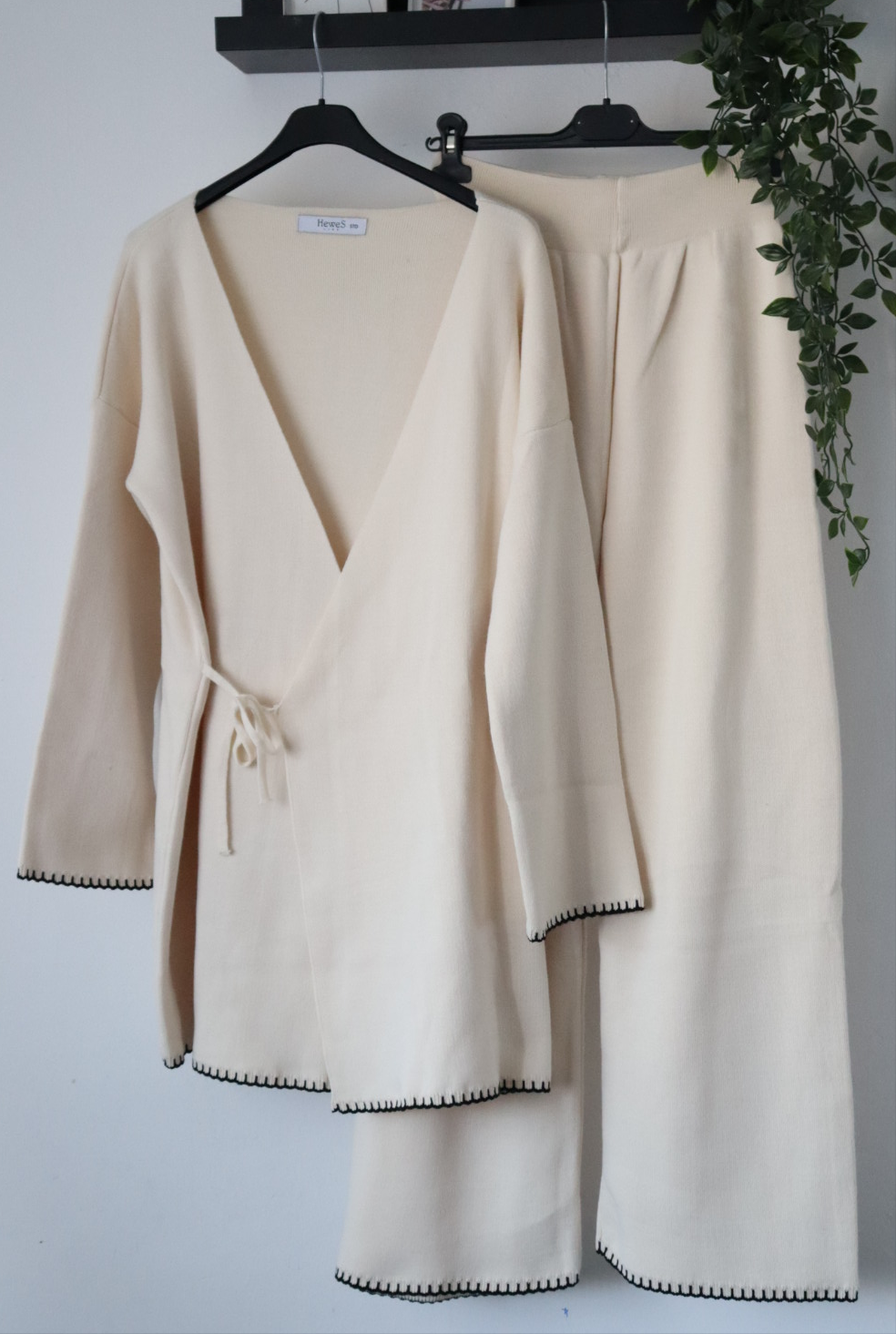 Damen Zweiteiler, Strick Oberteil/Hose Set mit Seitenbindung
