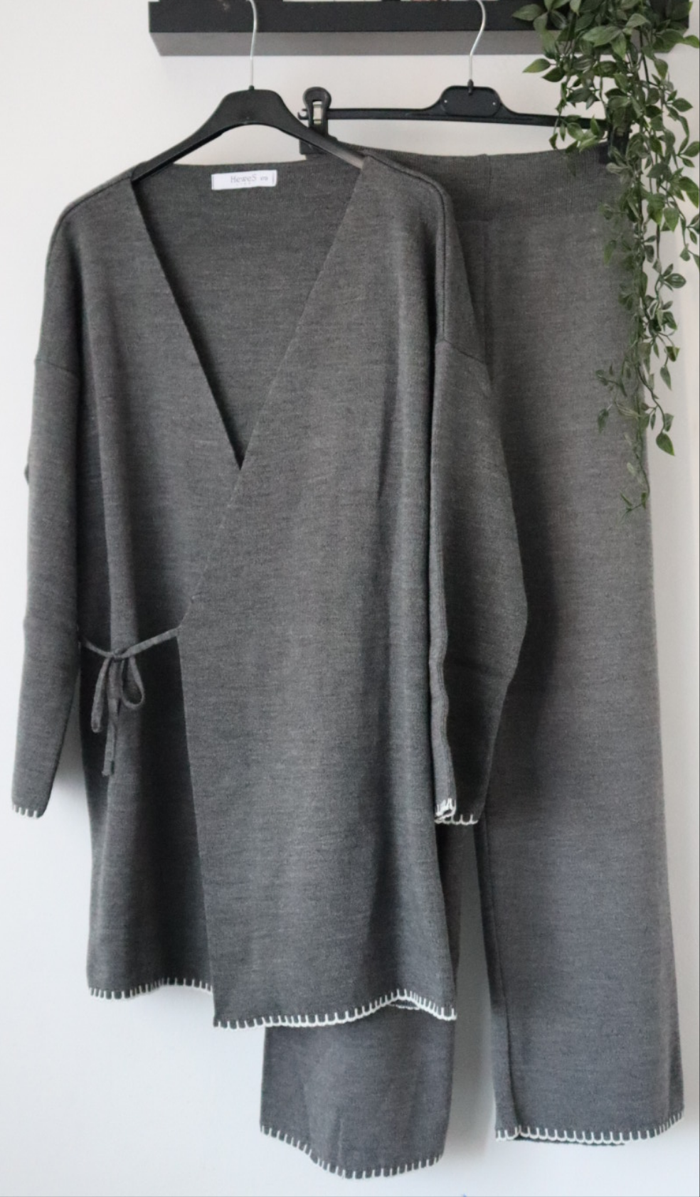 Damen Zweiteiler, Strick Oberteil/Hose Set mit Seitenbindung
