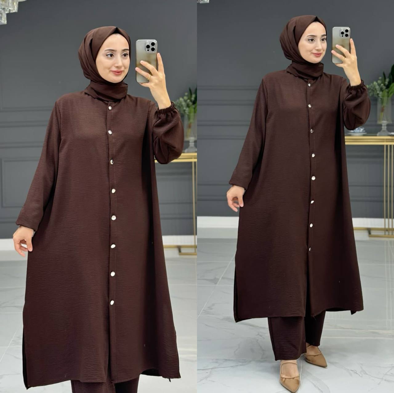 Damen Zweiteiler,Tunika/Hose 2er Set mit Frontknopf