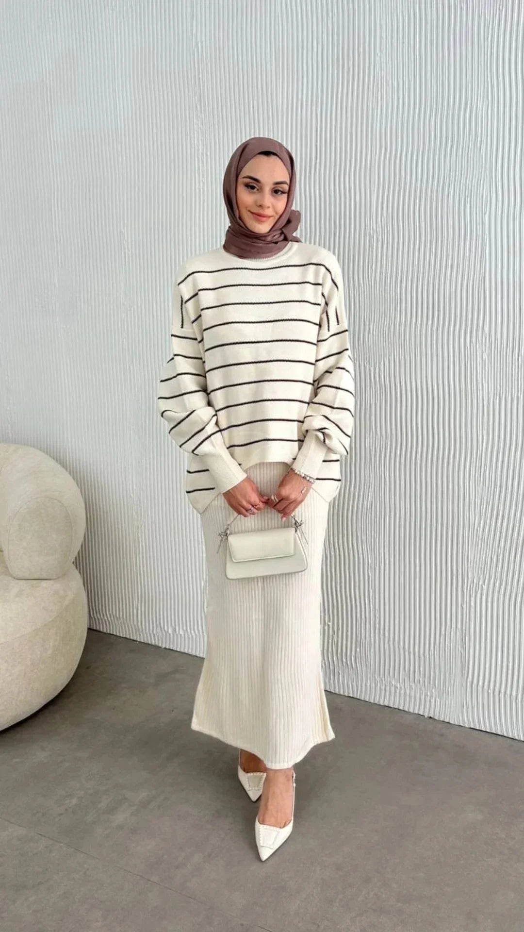 Damen Zweiteiler, gestreiftes Strick-Oberteil mit Innenkleid