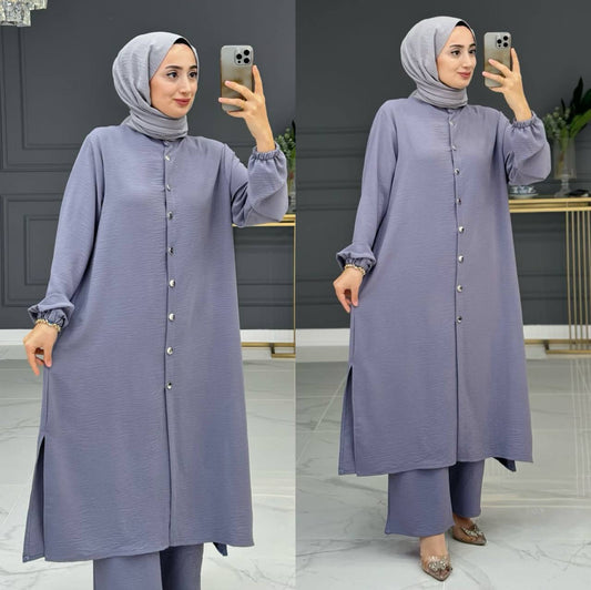Damen Zweiteiler,Tunika/Hose 2er Set mit Frontknopf