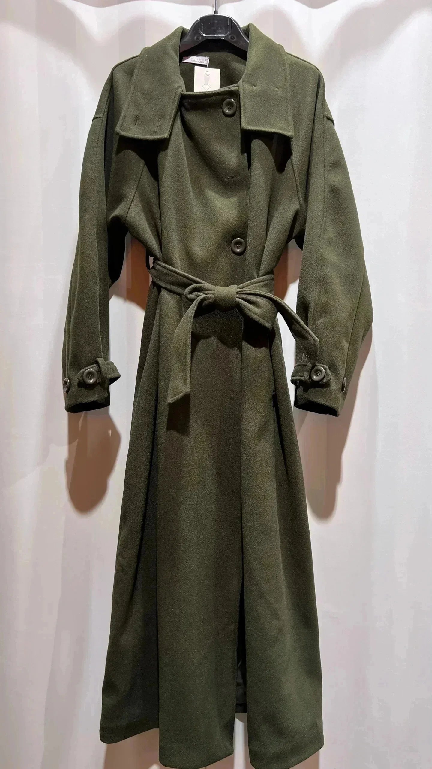 Damen langer Mantel mit Stehkragen/Gürtel und Taschen