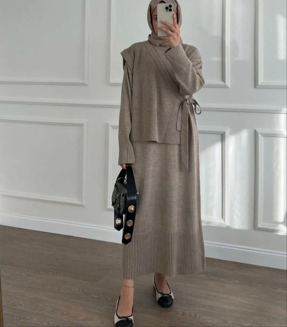 Damen Zweiteiler, Strickkleid mit Strickweste