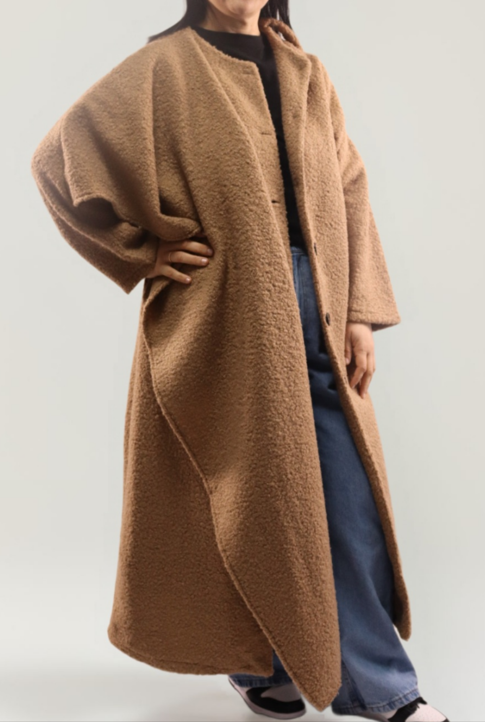 Damen langer Mantel mit integriertem Schal