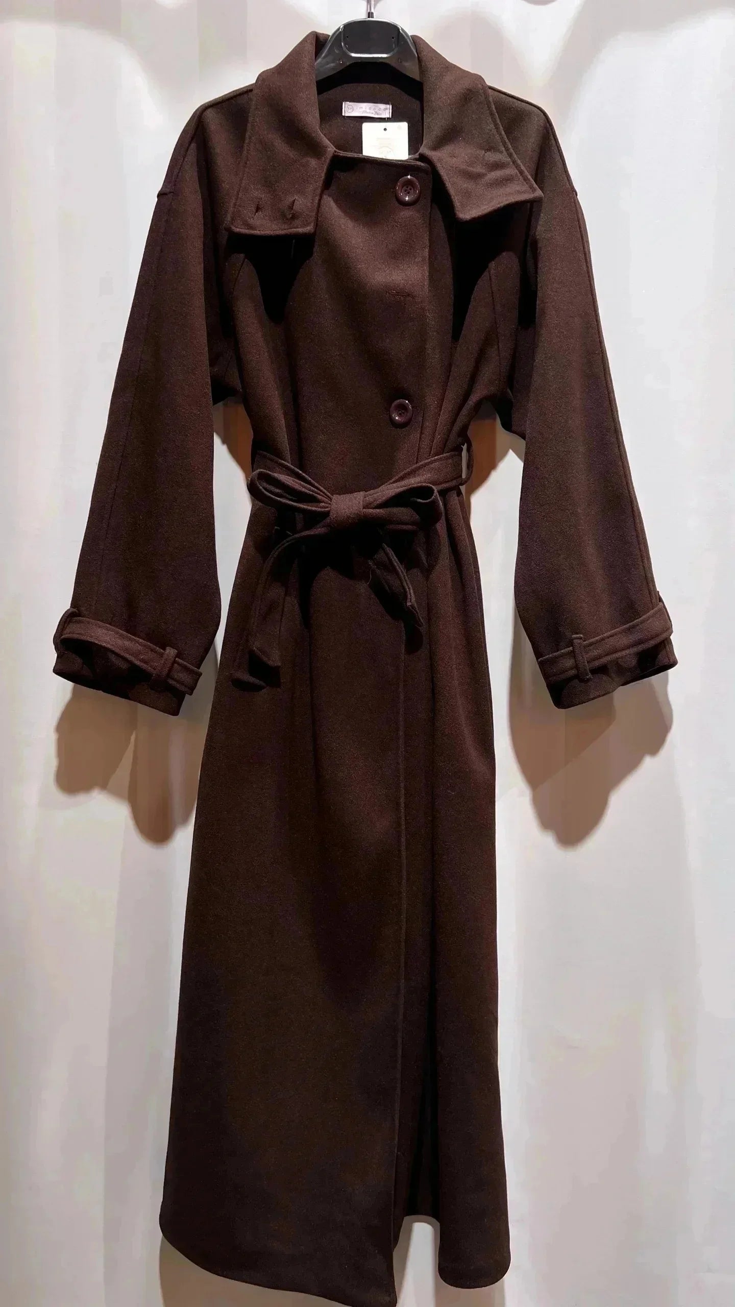 Damen langer Mantel mit Stehkragen/Gürtel und Taschen