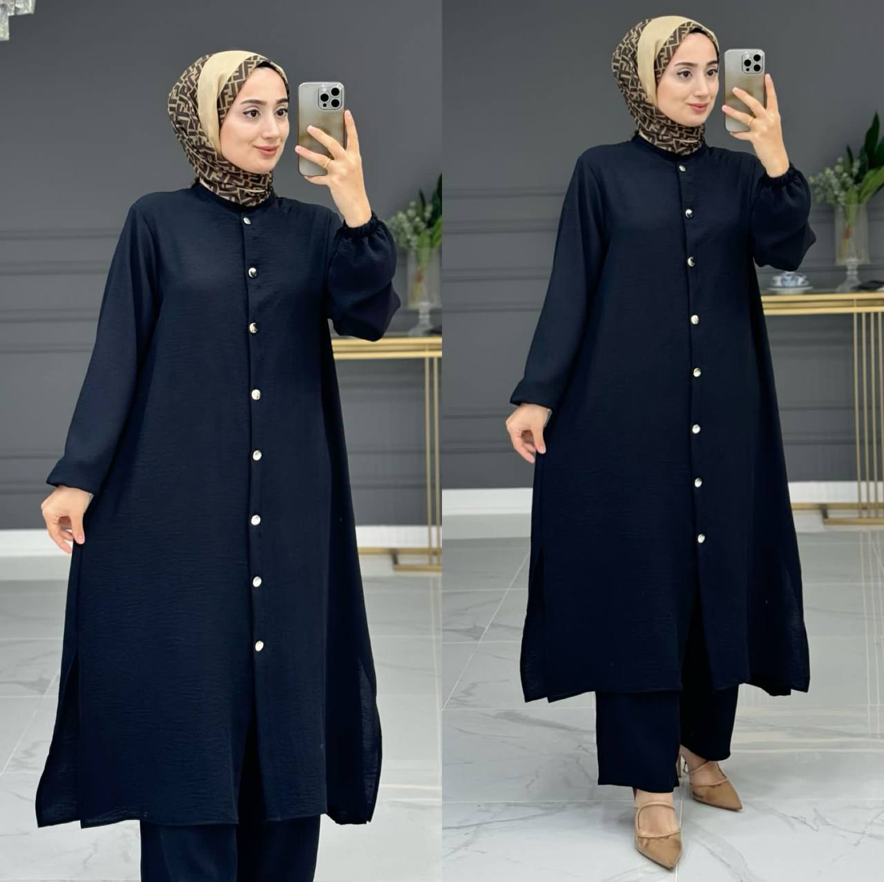Damen Zweiteiler,Tunika/Hose 2er Set mit Frontknopf