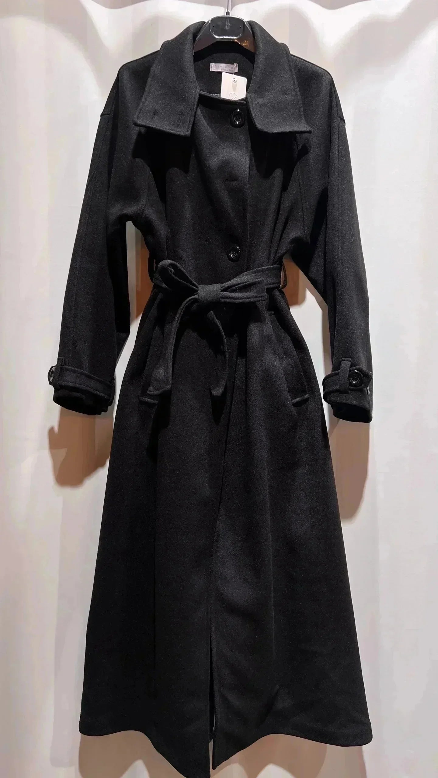 Damen langer Mantel mit Stehkragen/Gürtel und Taschen