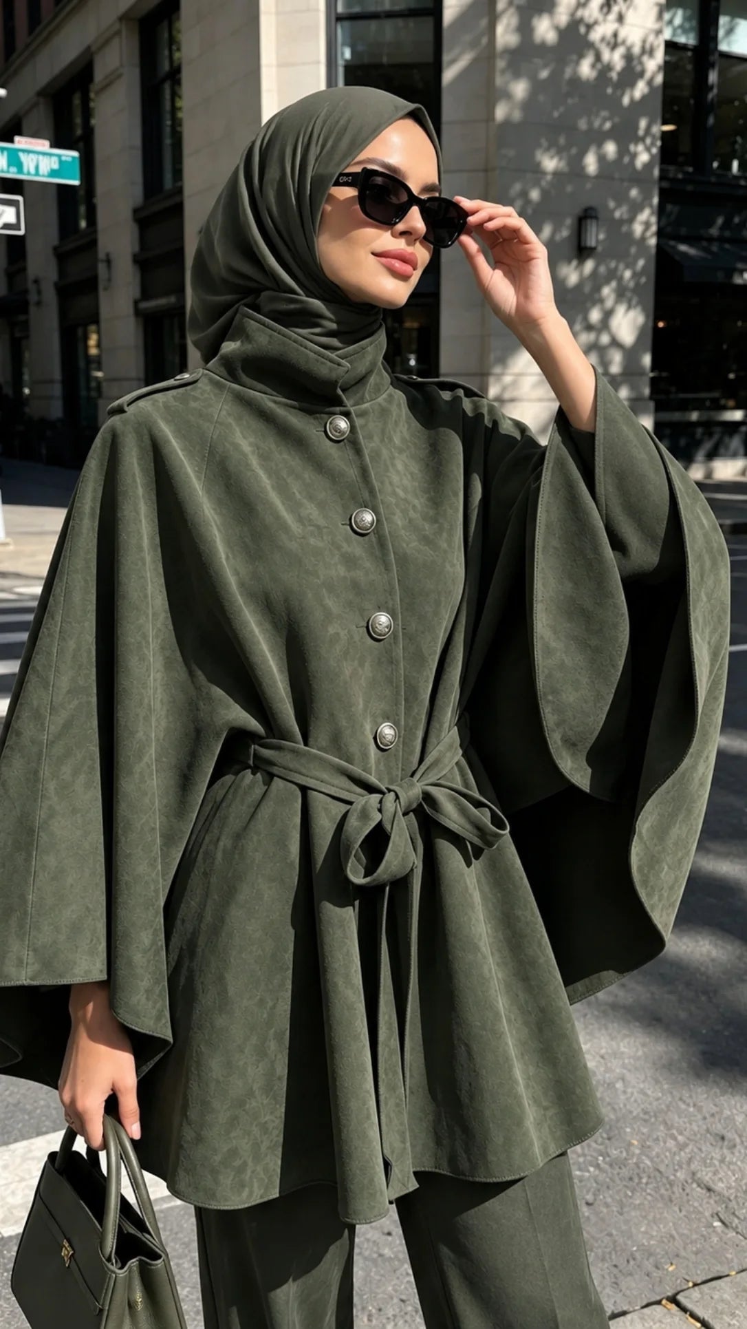 Eleganter Cape-Mantel mit Bindegürtel & Knopfleiste