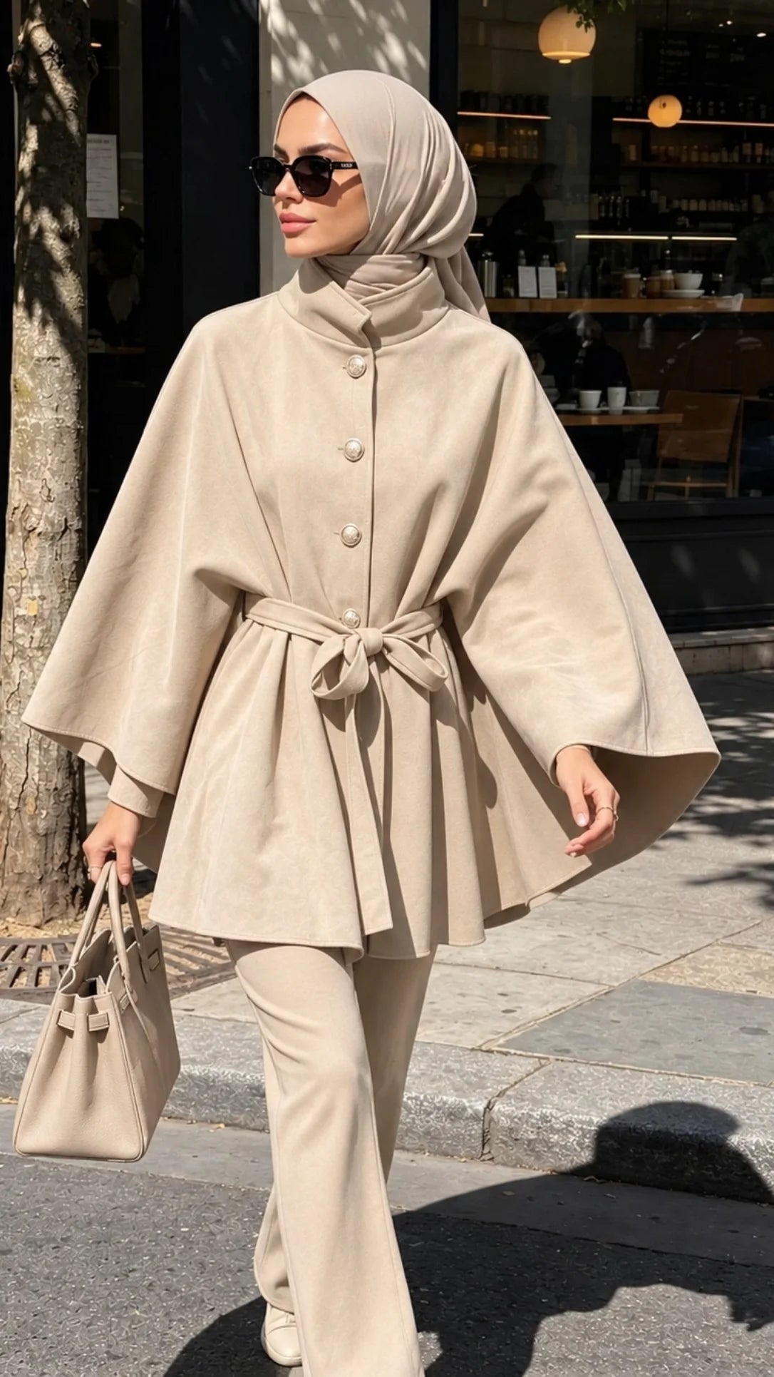 Eleganter Cape-Mantel mit Bindegürtel & Knopfleiste
