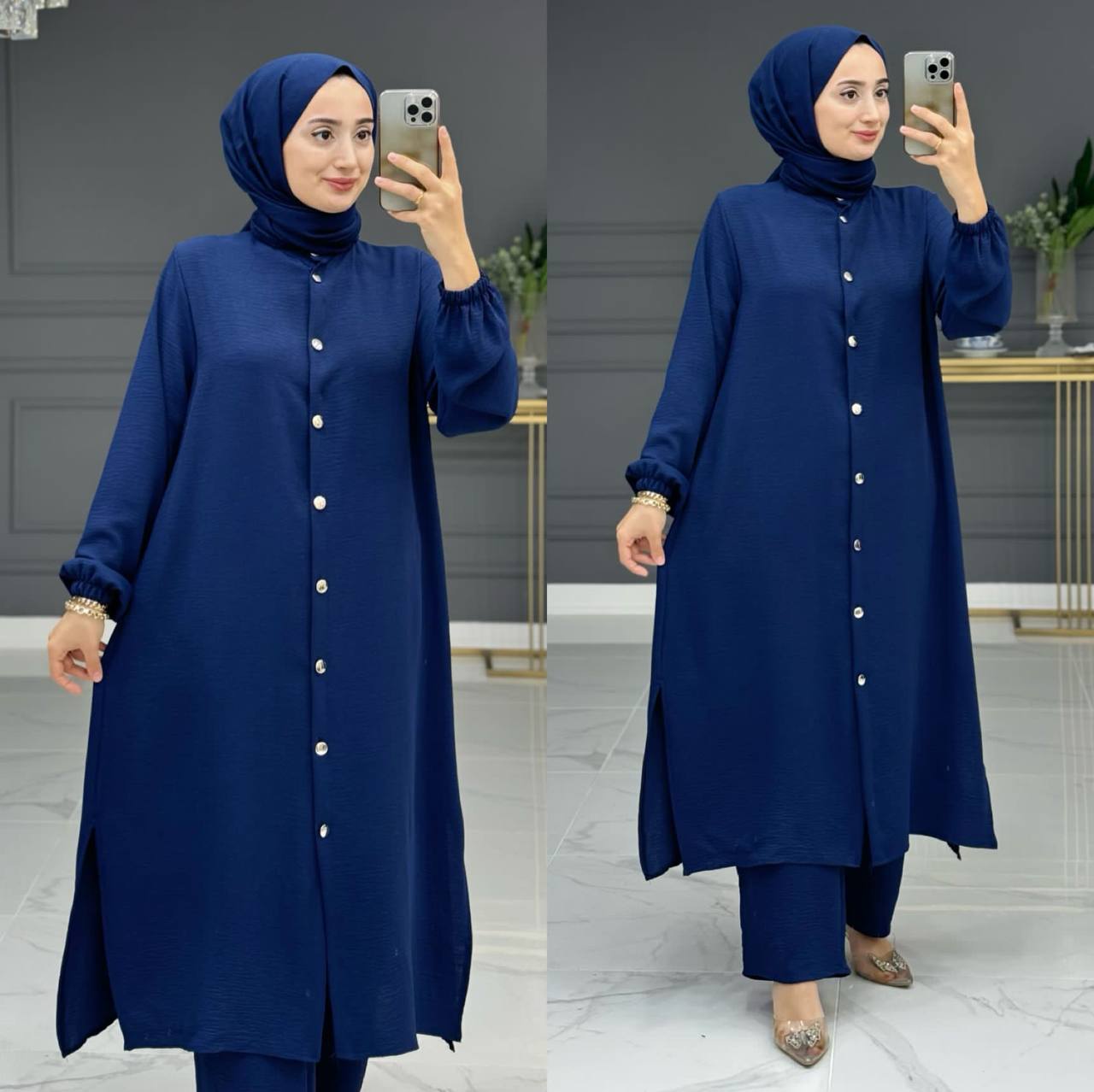 Damen Zweiteiler,Tunika/Hose 2er Set mit Frontknopf