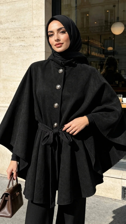 Eleganter Cape-Mantel mit Bindegürtel & Knopfleiste