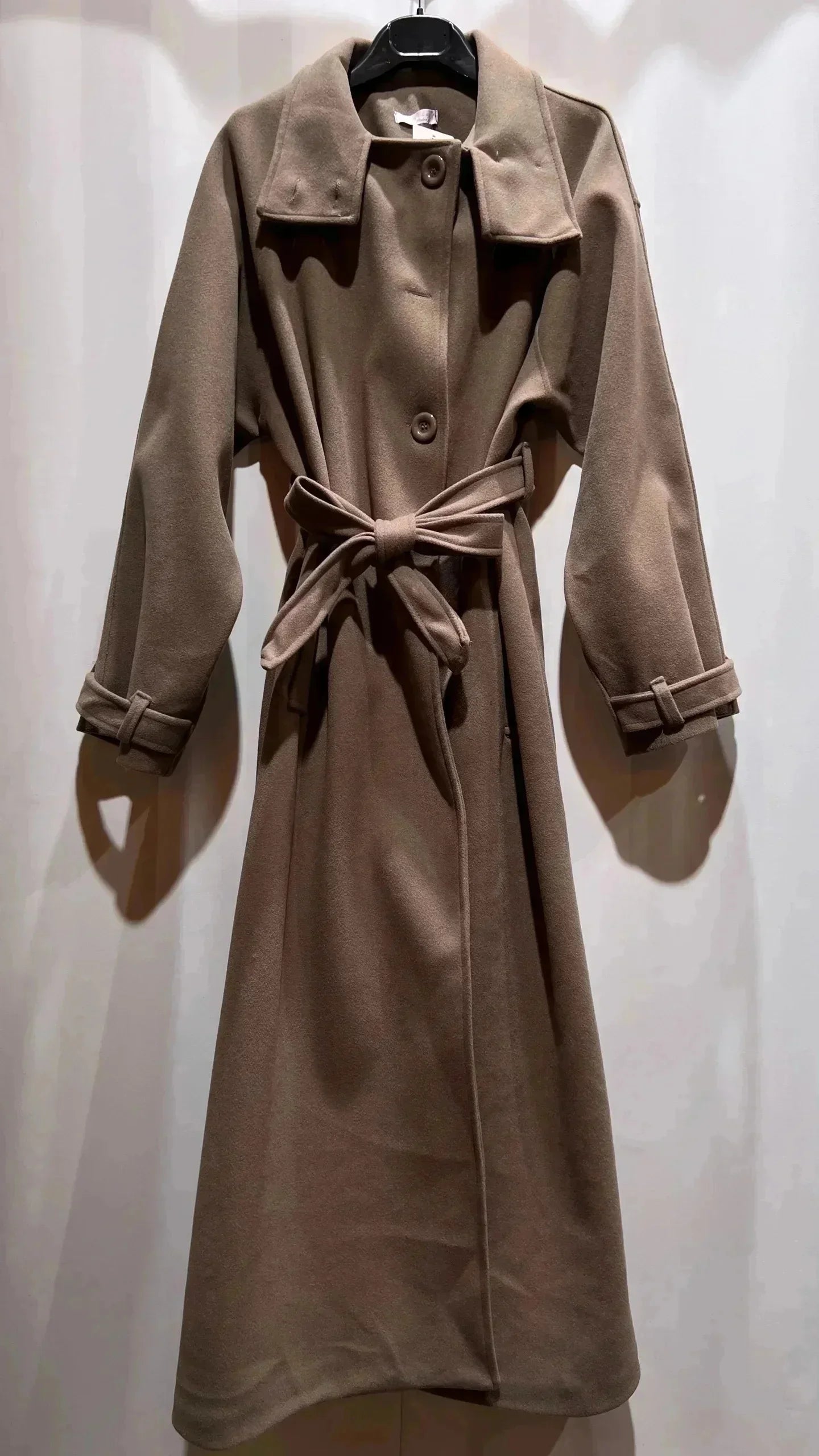 Damen langer Mantel mit Stehkragen/Gürtel und Taschen