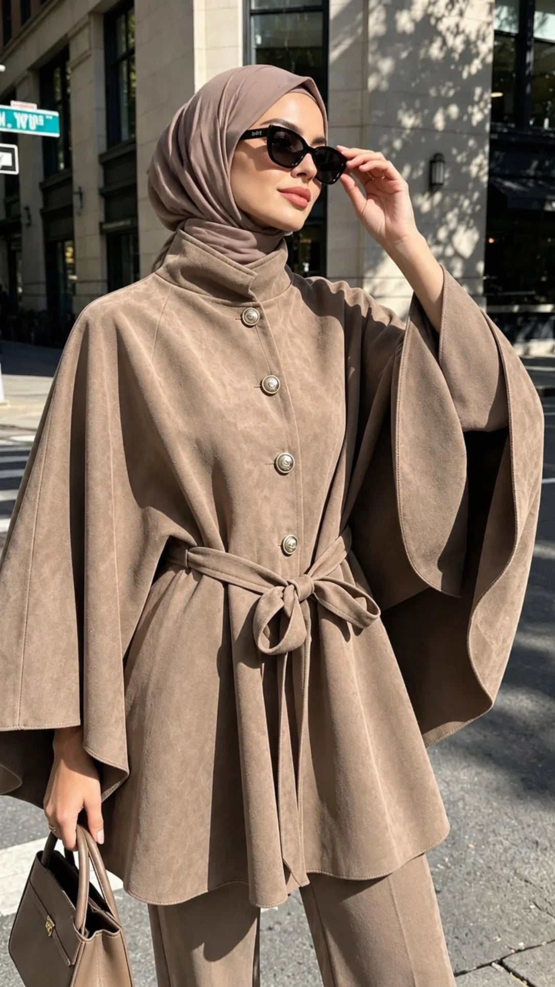 Eleganter Cape-Mantel mit Bindegürtel & Knopfleiste