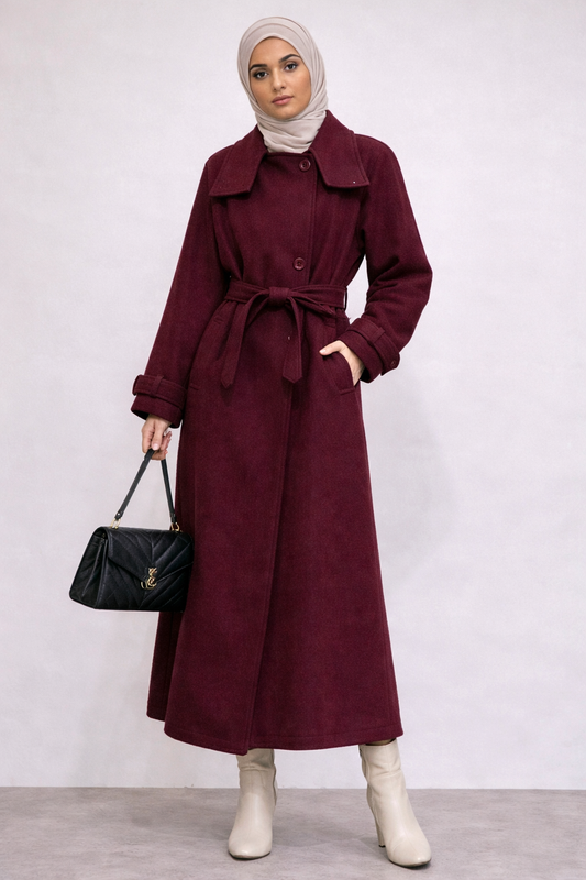 Damen langer Mantel mit Stehkragen/Gürtel und Taschen