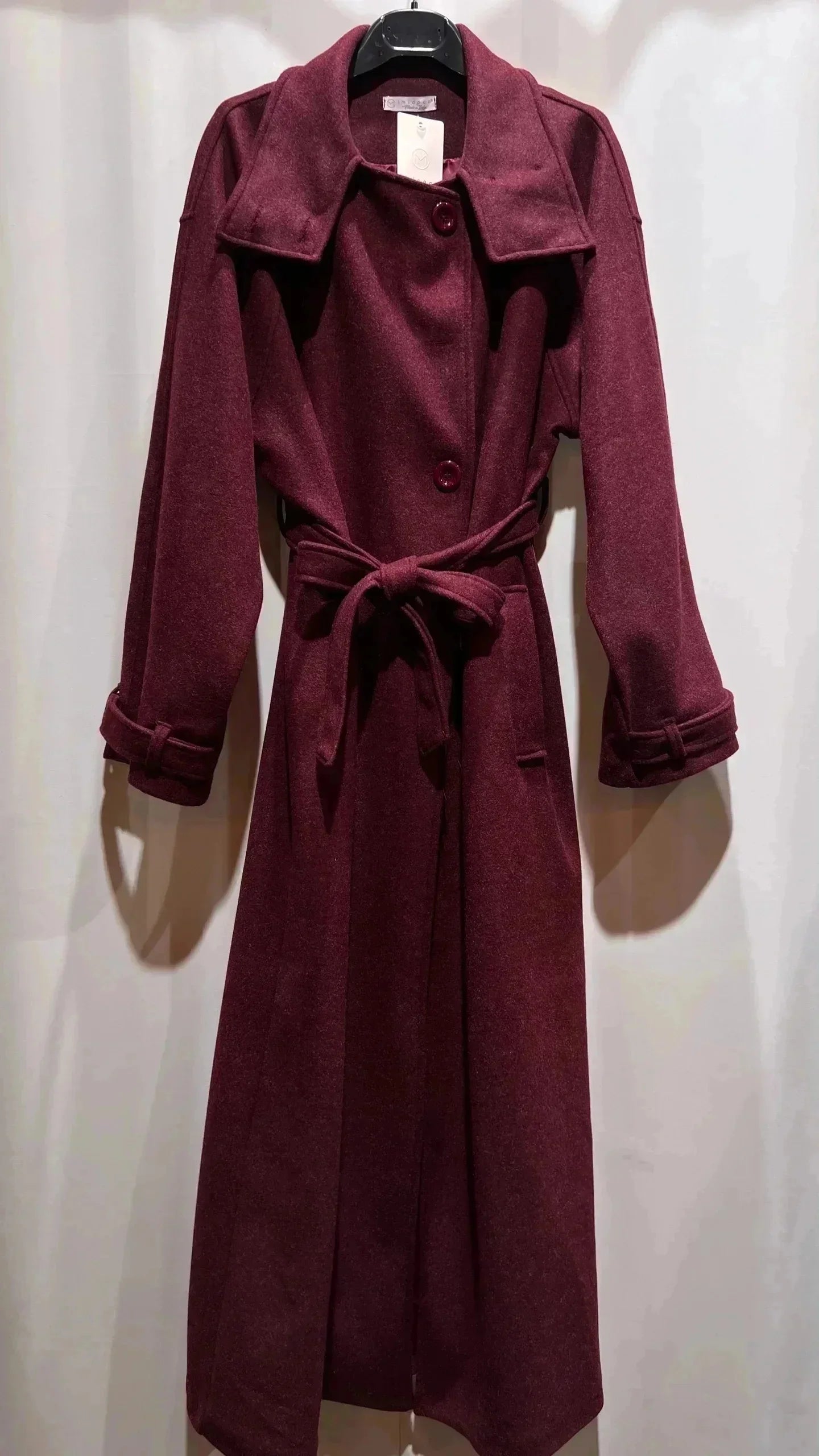 Damen langer Mantel mit Stehkragen/Gürtel und Taschen