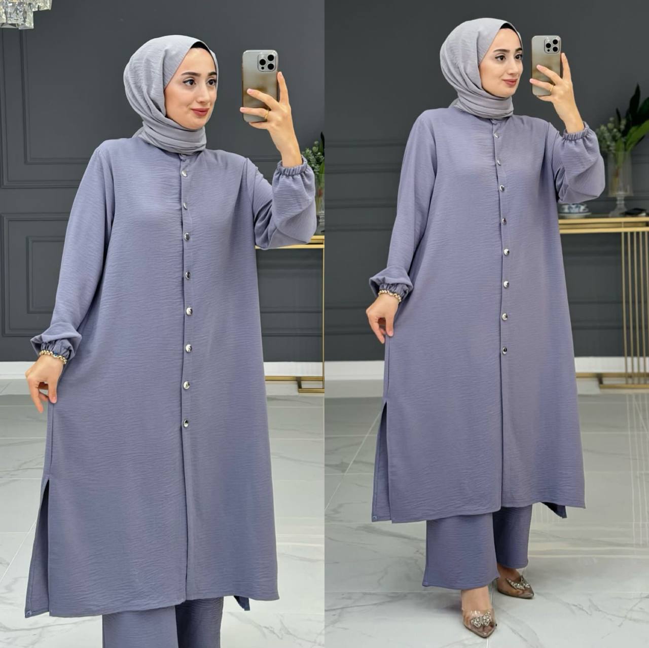 Damen Zweiteiler,Tunika/Hose 2er Set mit Frontknopf