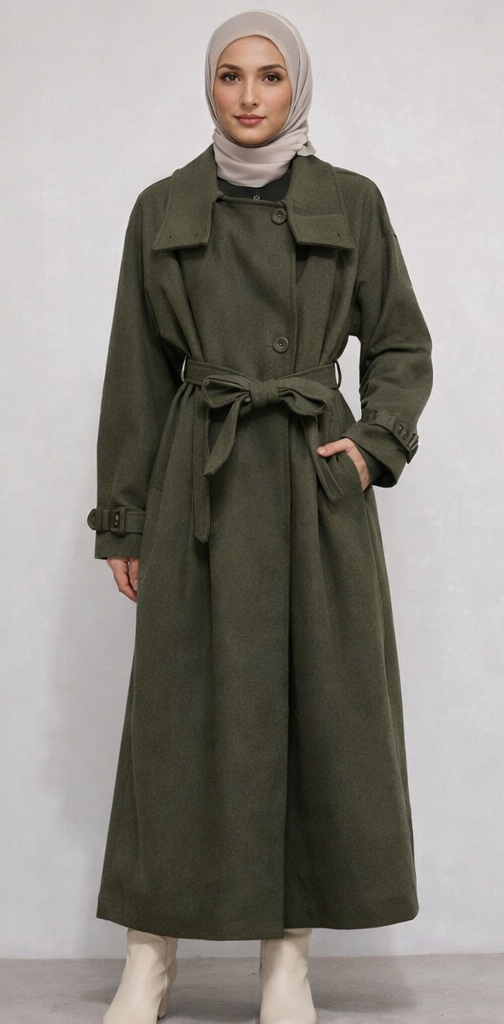Damen langer Mantel mit Stehkragen/Gürtel und Taschen