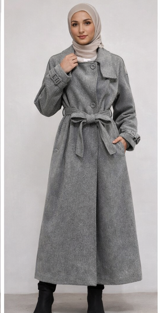 Damen langer Mantel mit Stehkragen/Gürtel und Taschen