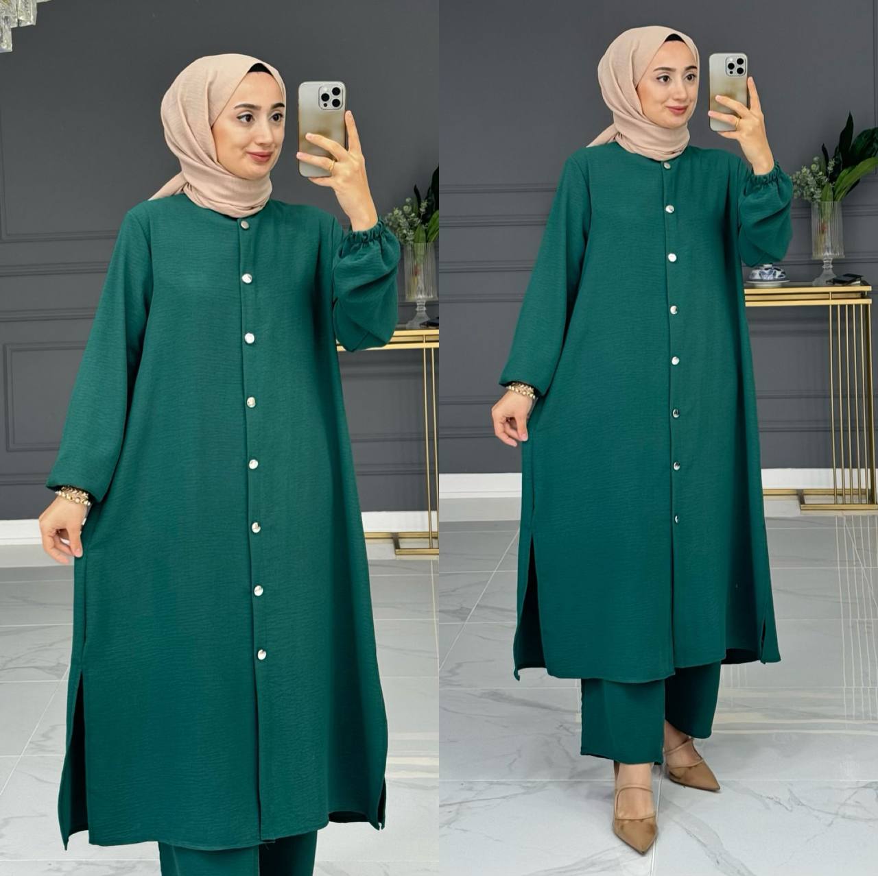 Damen Zweiteiler,Tunika/Hose 2er Set mit Frontknopf