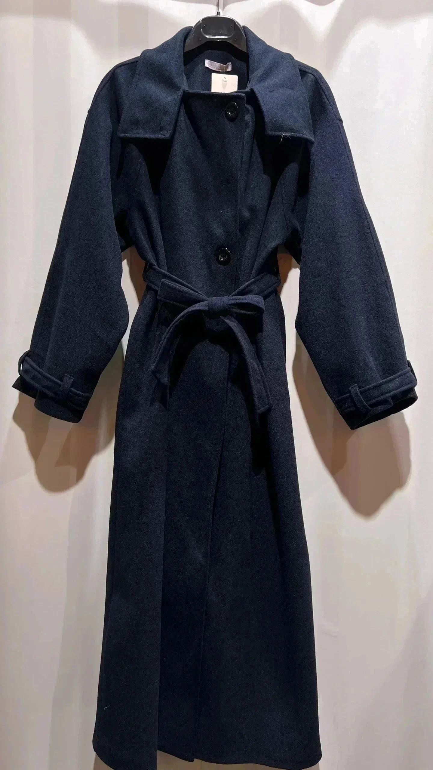 Damen langer Mantel mit Stehkragen/Gürtel und Taschen