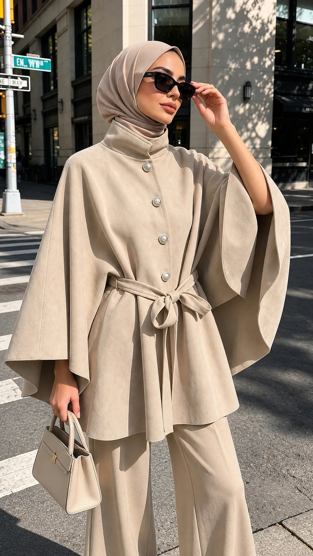 Eleganter Cape-Mantel mit Bindegürtel & Knopfleiste