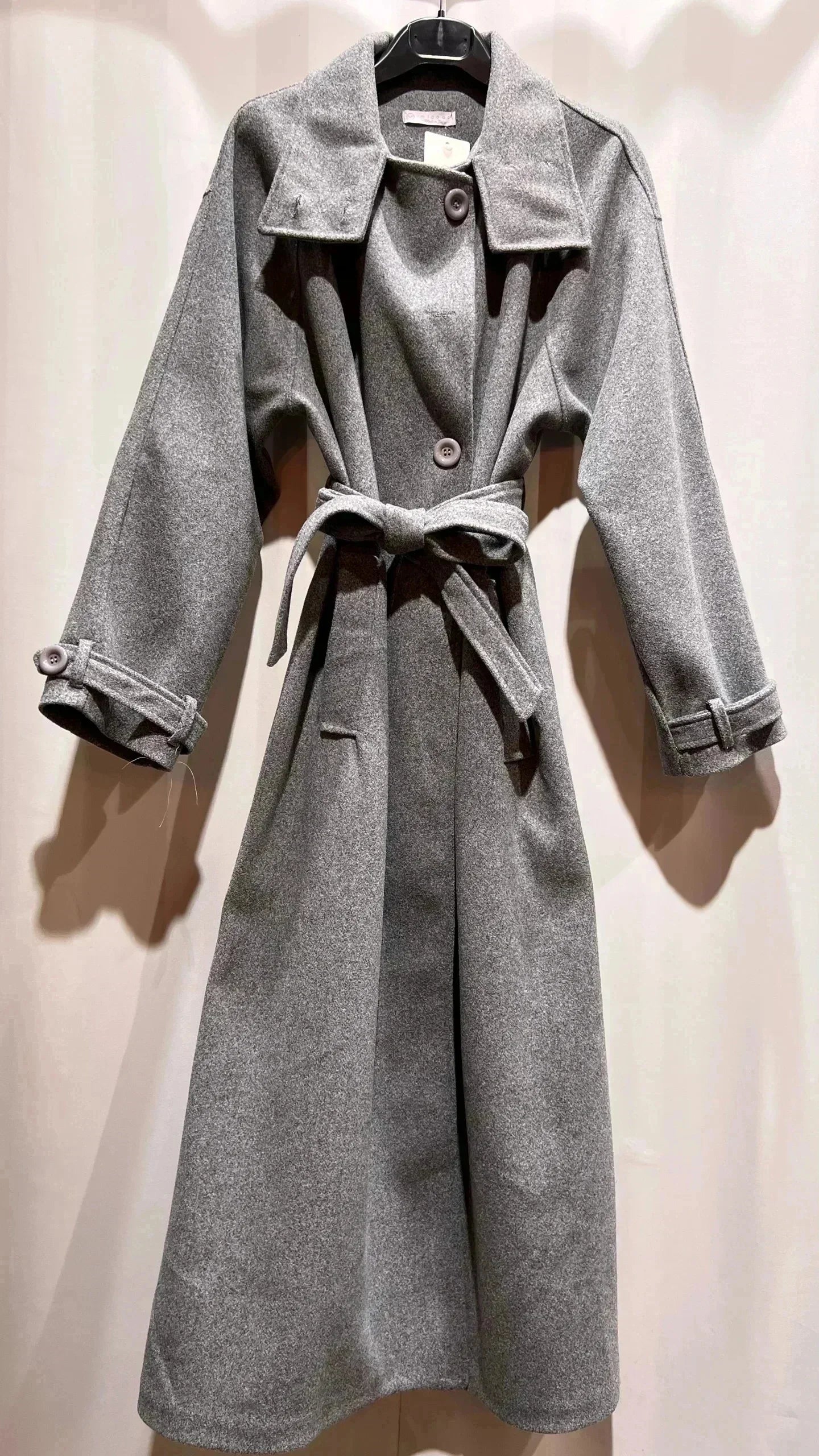 Damen langer Mantel mit Stehkragen/Gürtel und Taschen