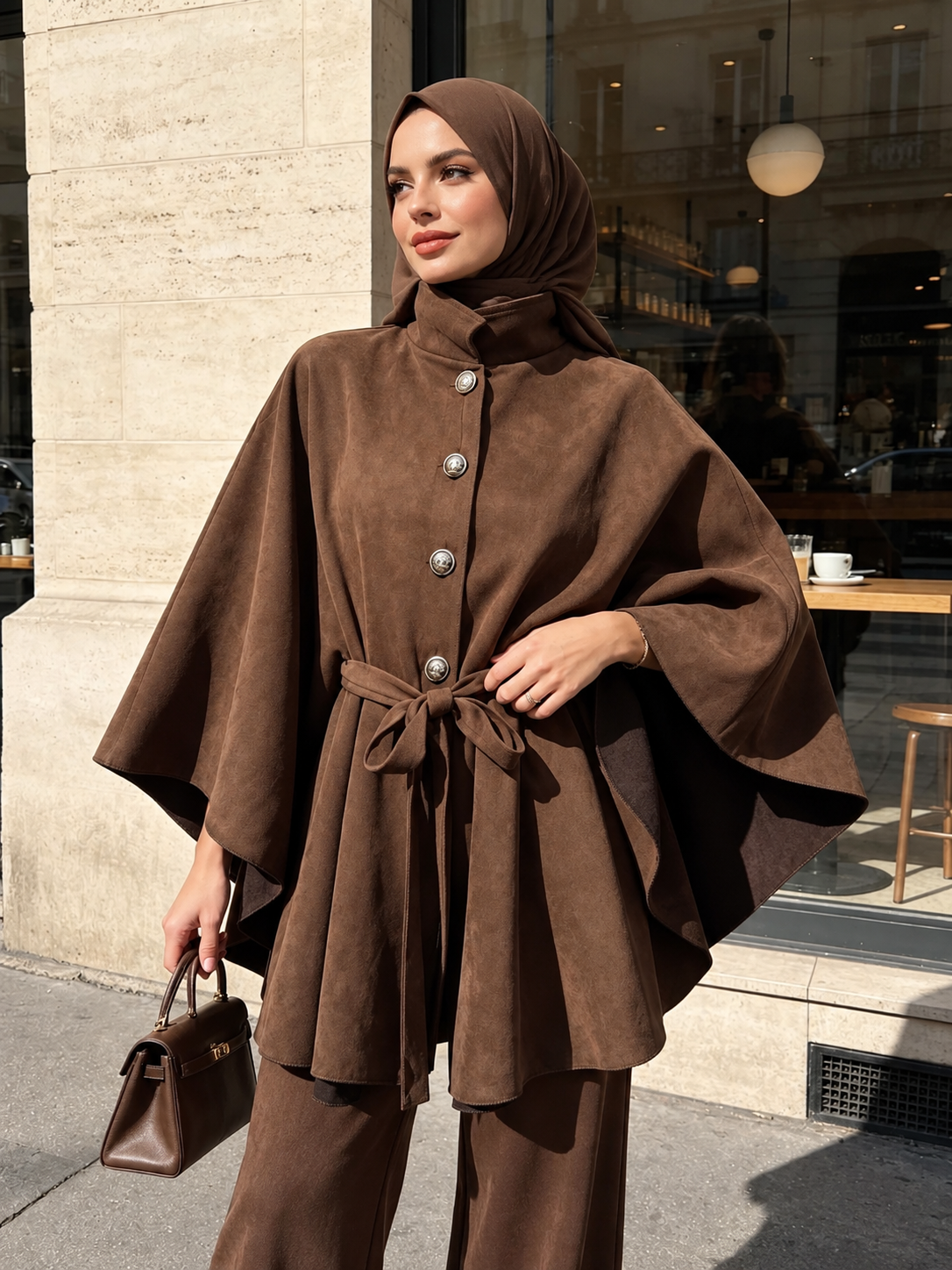 Eleganter Cape-Mantel mit Bindegürtel & Knopfleiste